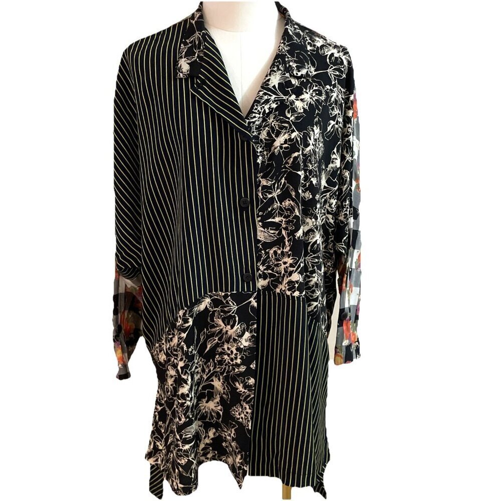 M Square Patchwork Top Tunic Women's XL Black Multi Button Front Oversized Boho